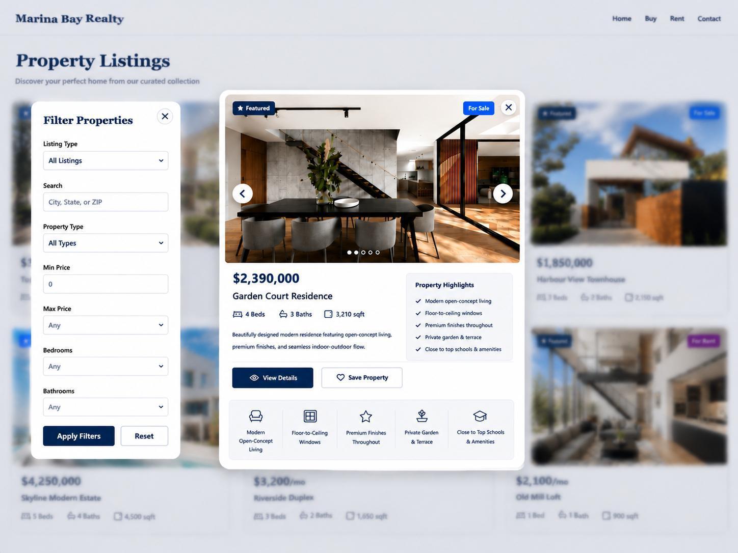 A tenant's live listing website: a property filter panel and an open listing with photos, price, room counts and highlights