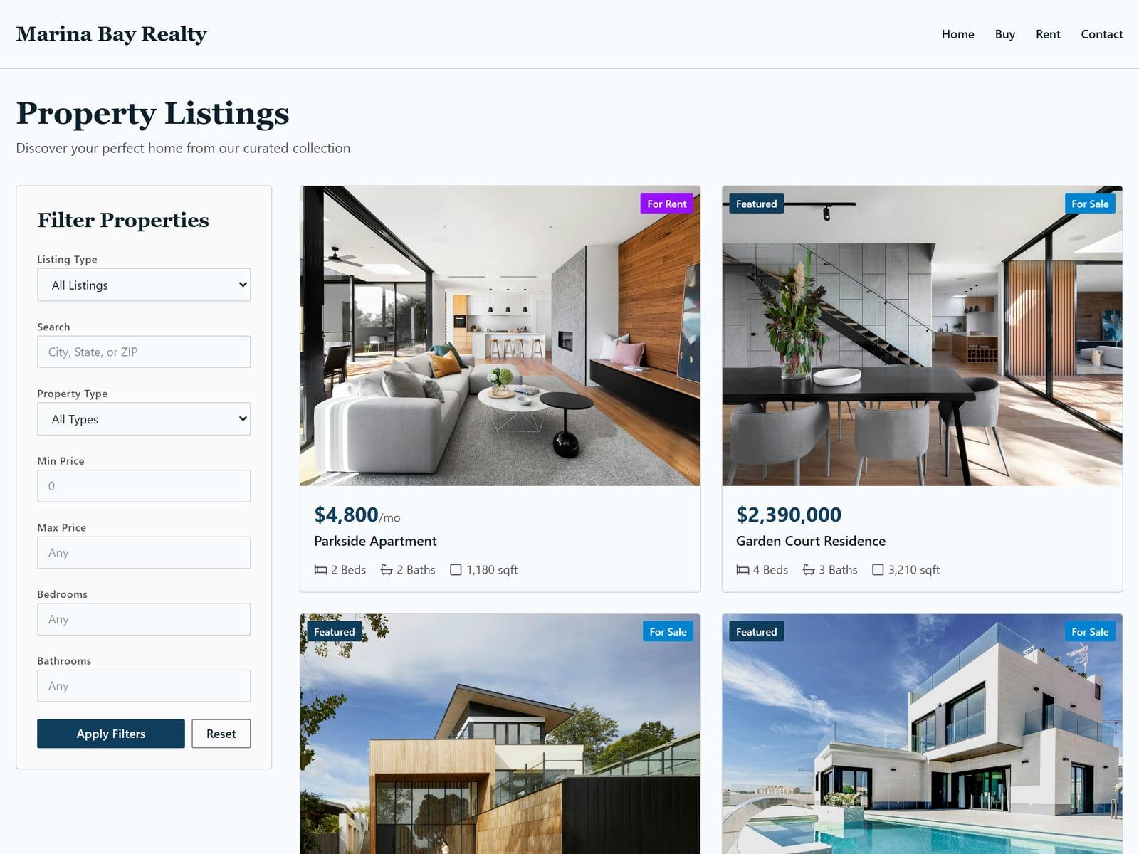 A tenant's live listing website: search filters beside for-sale and for-rent property cards
