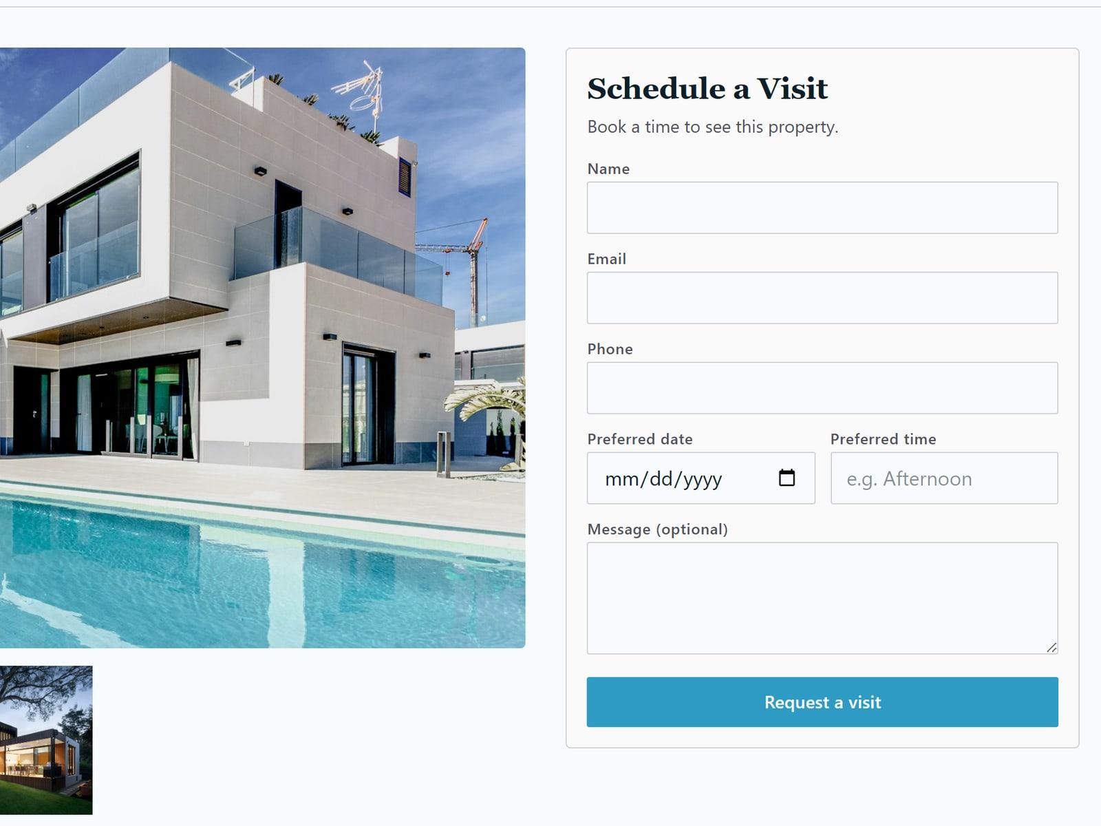 The Schedule a Visit form on a property detail page, capturing name, contact and preferred time