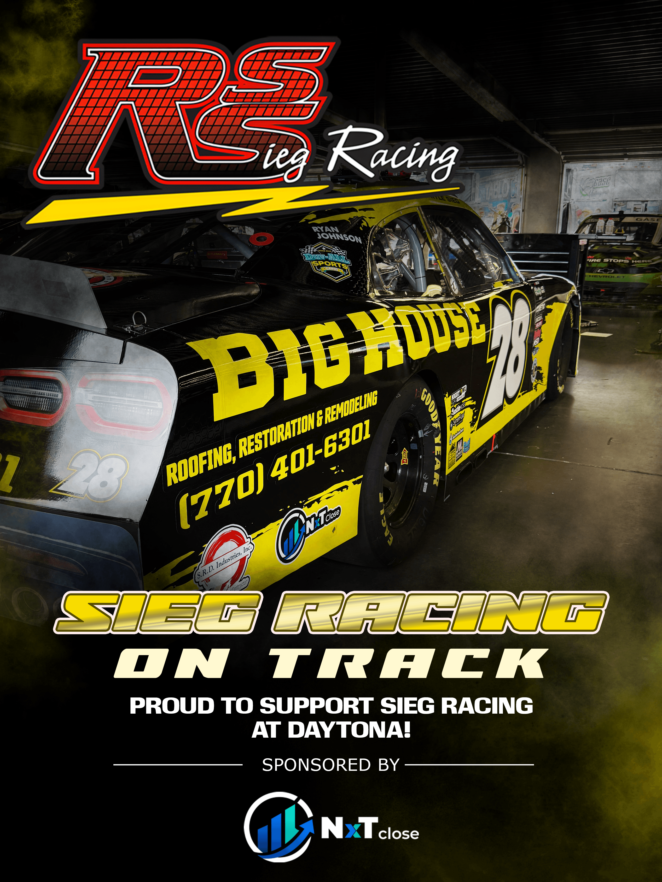 Poster of the number 28 Sieg Racing car in the garage, seen from the rear quarter. Text: "Sieg Racing on track" and "Proud to support Sieg Racing at Daytona!"